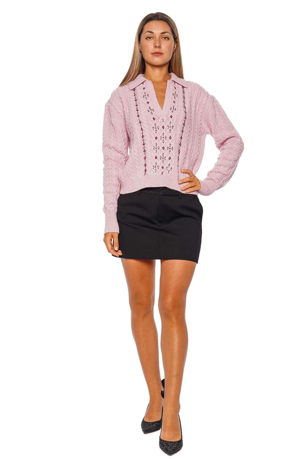 DES_PHEMMES Quartz Rose Cable Knit Long Sleeve Polo Top