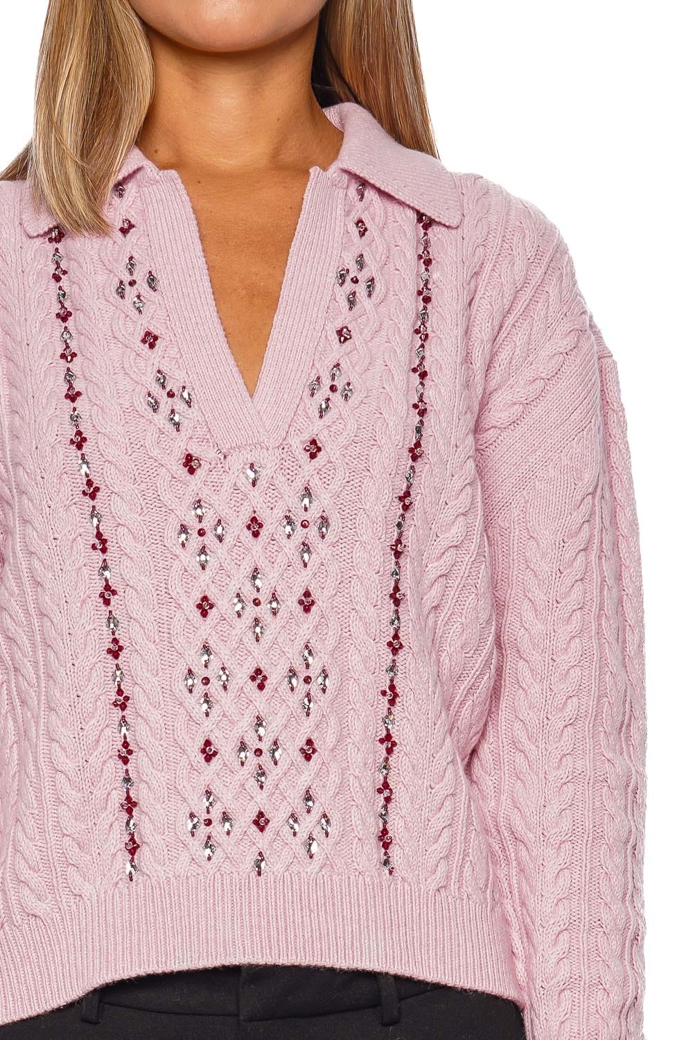 DES_PHEMMES Quartz Rose Cable Knit Long Sleeve Polo Top