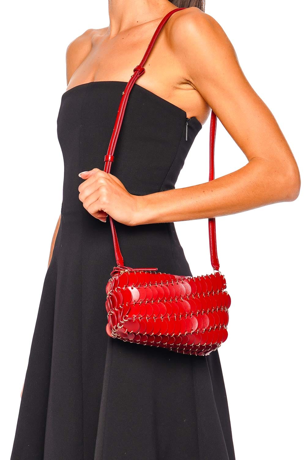 Paco Red Leather Disc Crossbody Bag