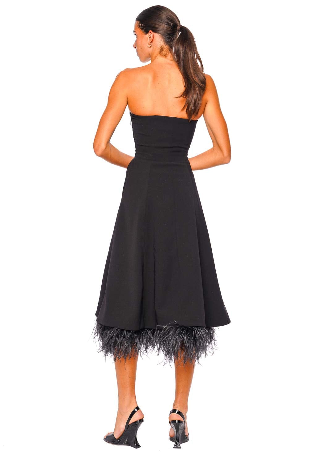 16arlington Gioele Black Strapless Feather Trim Midi Dress 16arlington Gioele Black Strapless Feather Trim Midi Dress