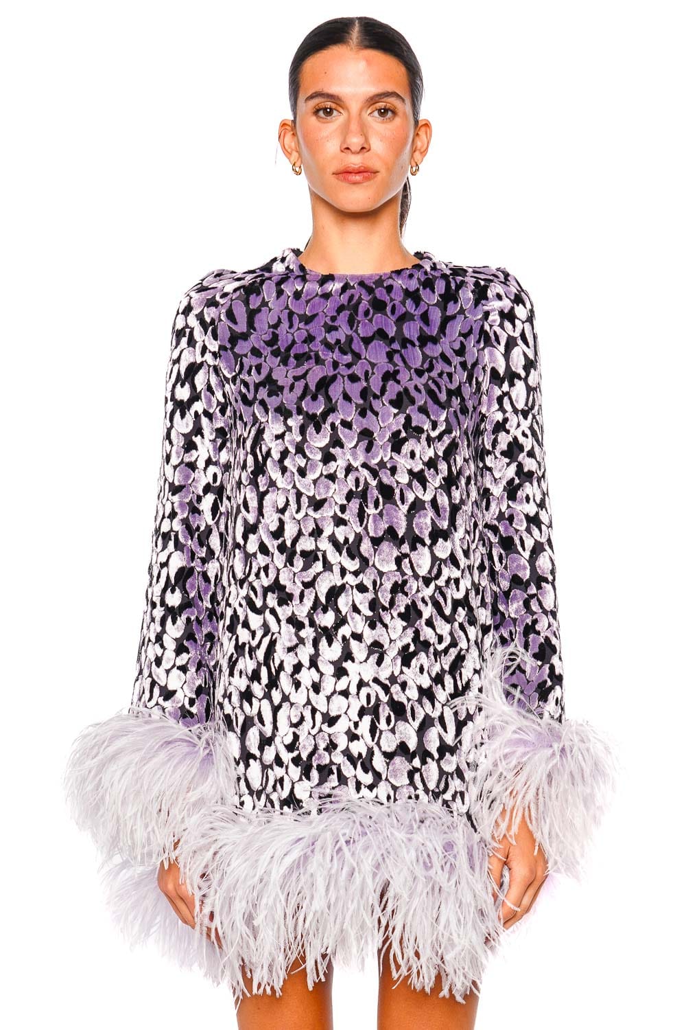 Hodi Devoré Long Sleeve Feather Trim Mini Dress