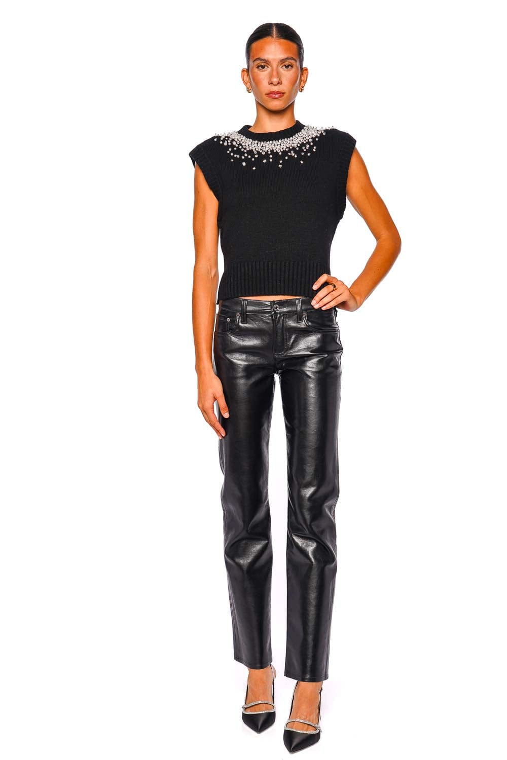 SIMKHAI Candra Black Embellished Cashmere Knit Vest