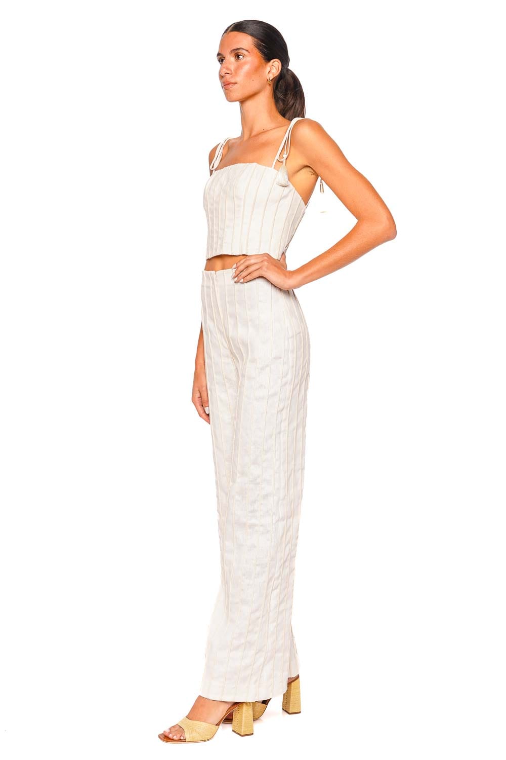 Andres Otalora Quedate Ivory Tie Shoulder Crop Top