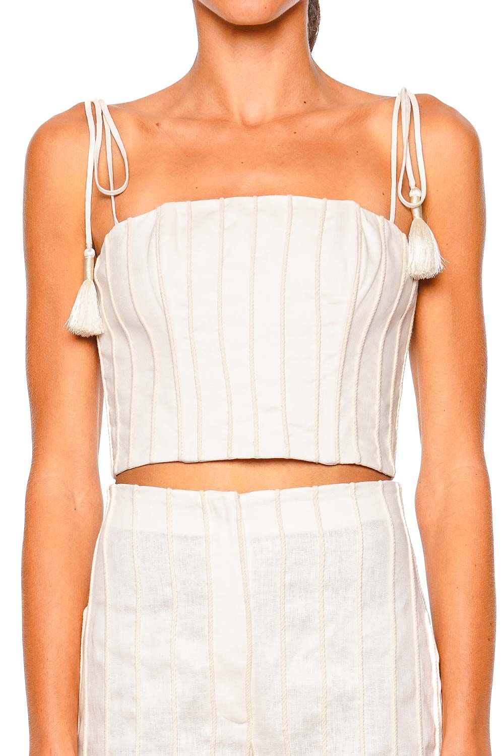 Quedate Ivory Tie Shoulder Crop Top