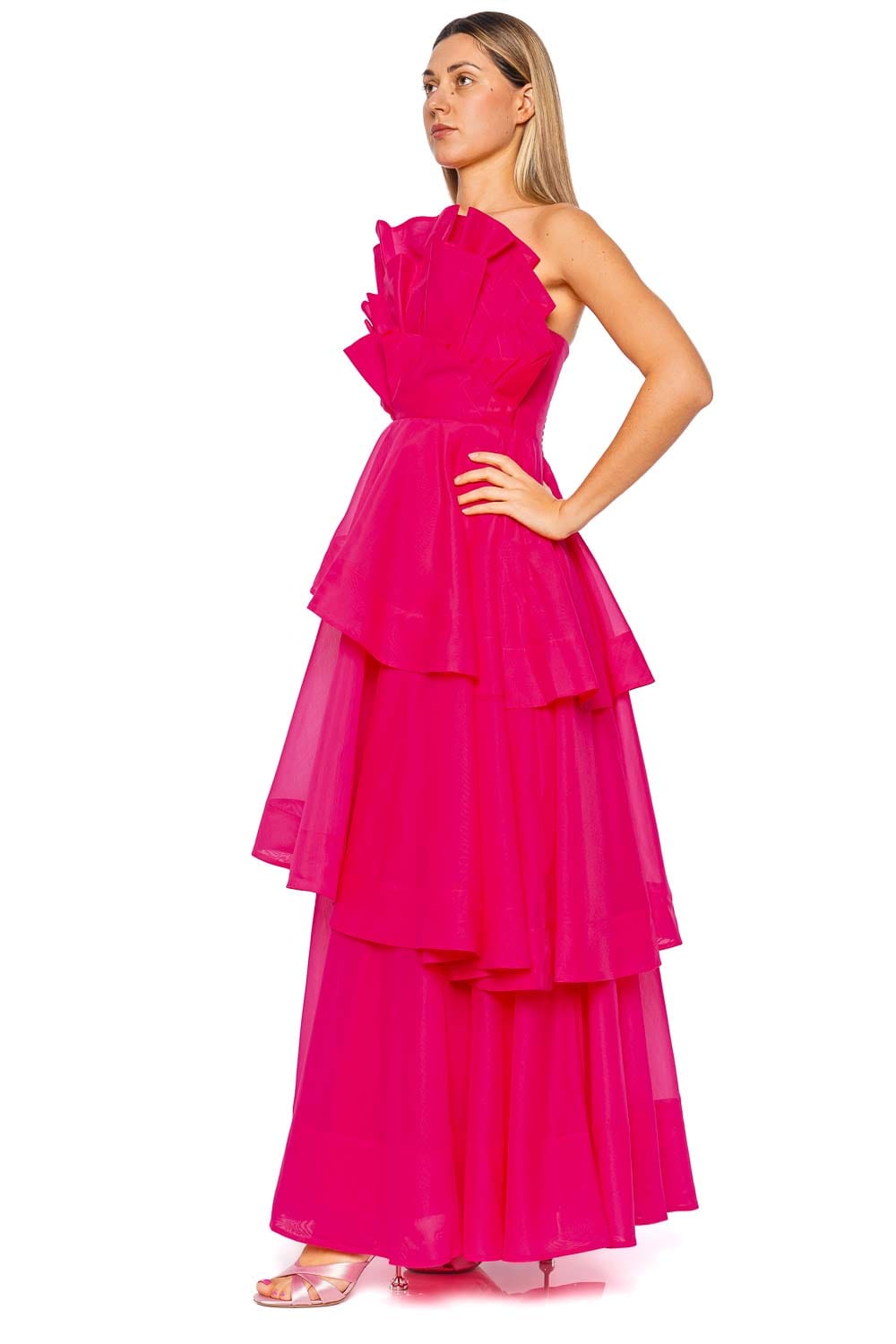 Aje. Selestia Magenta Strapless Layered Gown