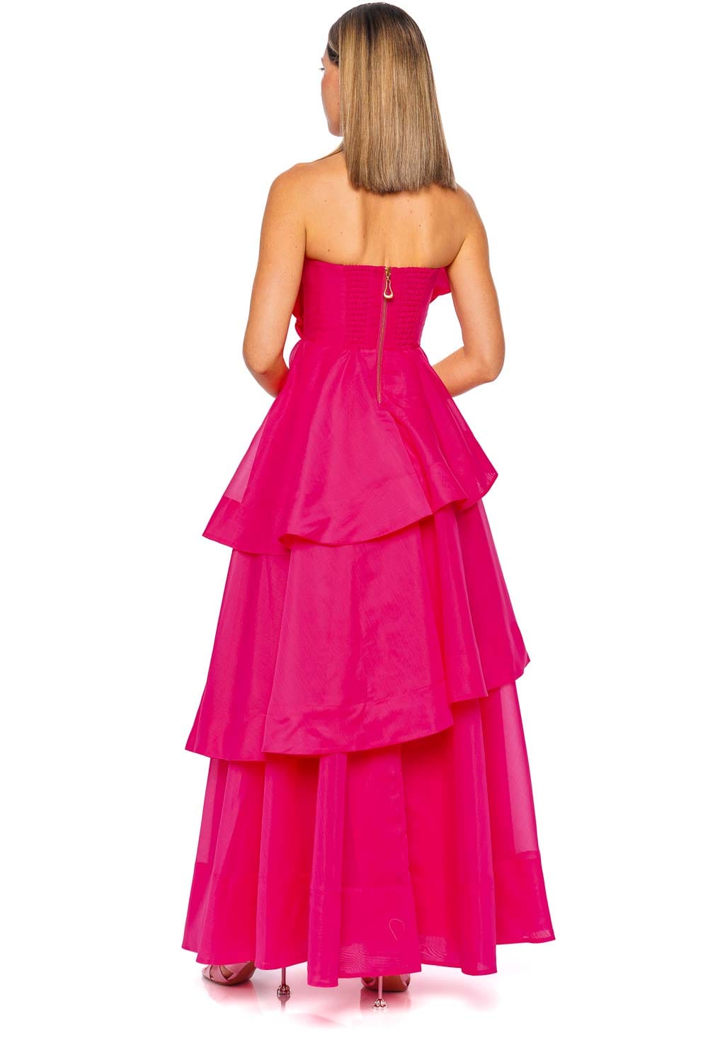 Aje. Selestia Magenta Strapless Layered Gown