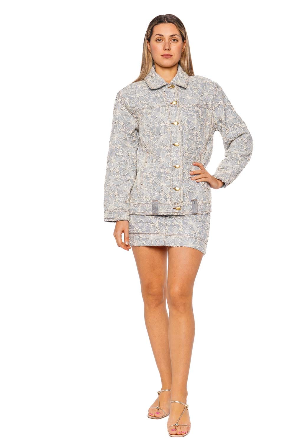 Aje. Bloom Lace Denim Mum Wash Mini Skirt