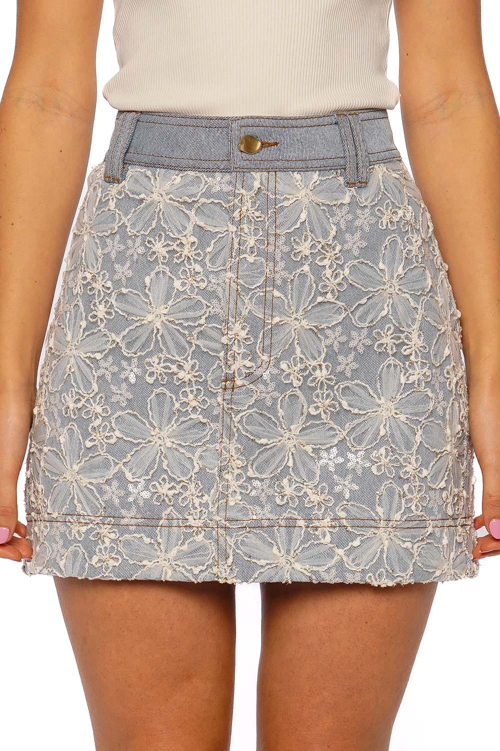 Aje. Bloom Lace Denim Embellished Mini Skirt
