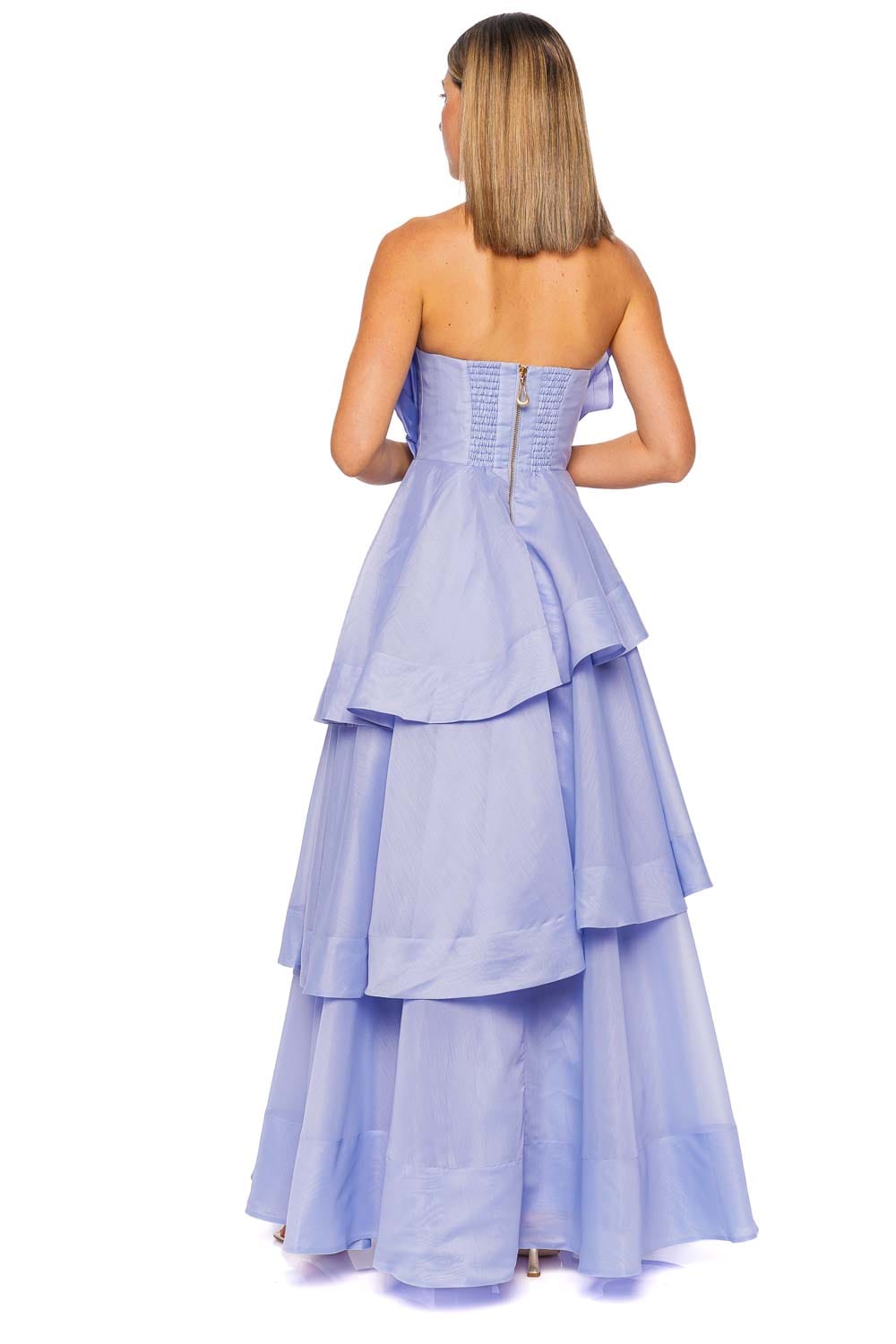 Aje. Selestia Pale Blue Strapless Tiered Gown