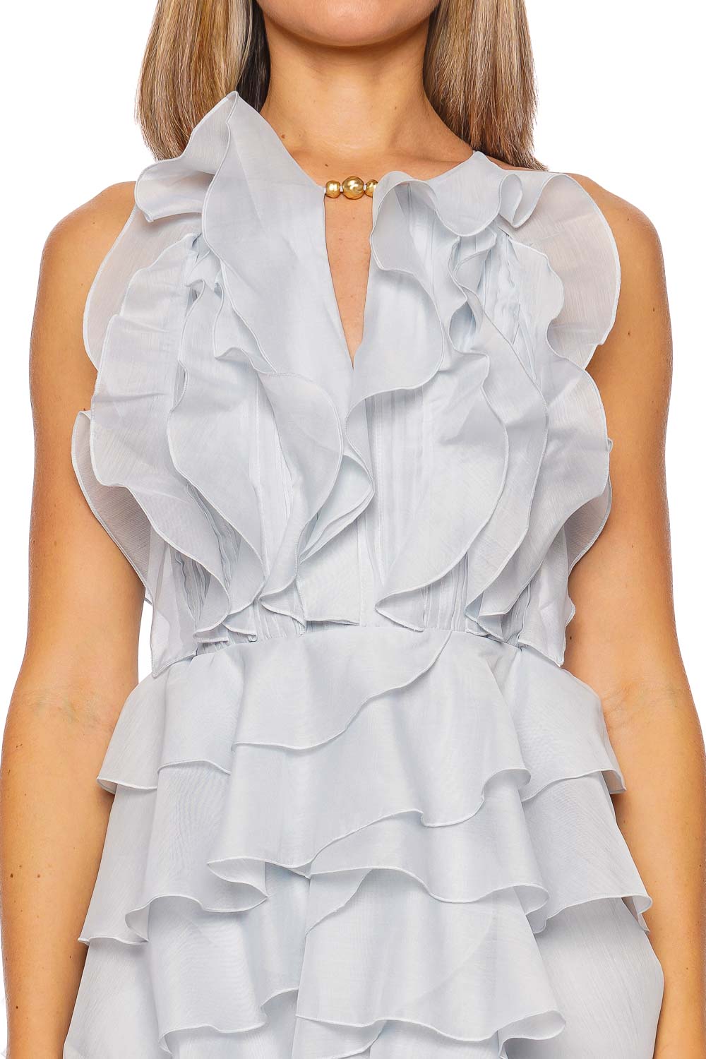 Aje. Cleo Silver Blue Ruffled Mini Dress Aje. Cleo Silver Blue Ruffled Mini Dress