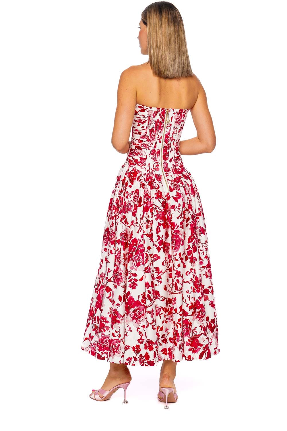 Aje. Marigold Rose Ink Red Strapless Midi Dress