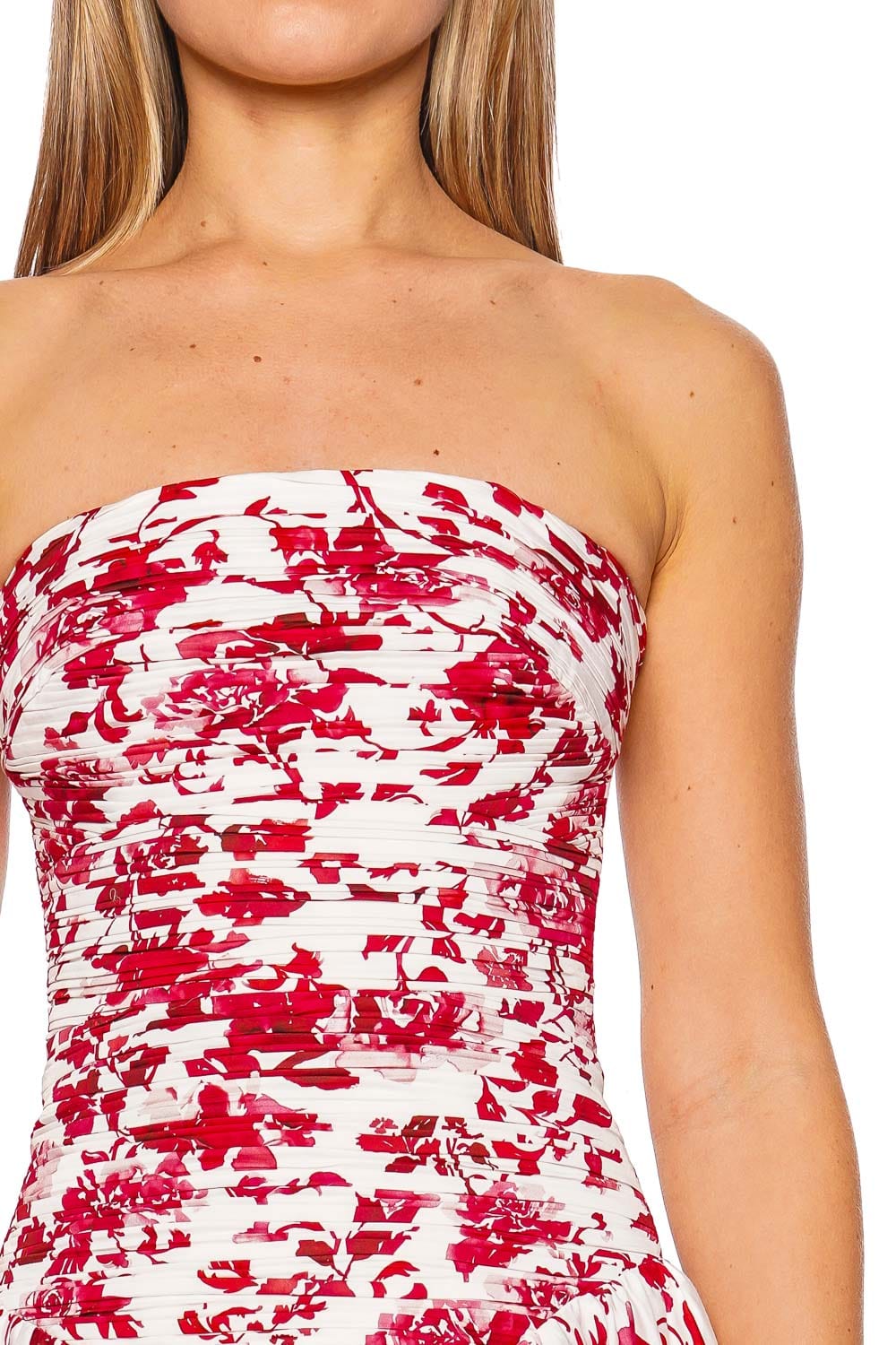 Aje. Marigold Rose Ink Red Strapless Midi Dress