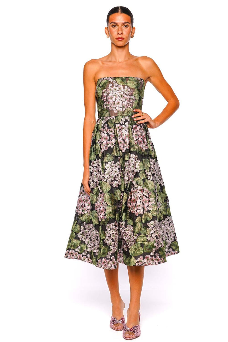 Bronx and Banco Kate Strapless Floral Embroidered Corset Midi Dress Bronx and Banco Kate Strapless Floral Embroidered Corset Midi Dress