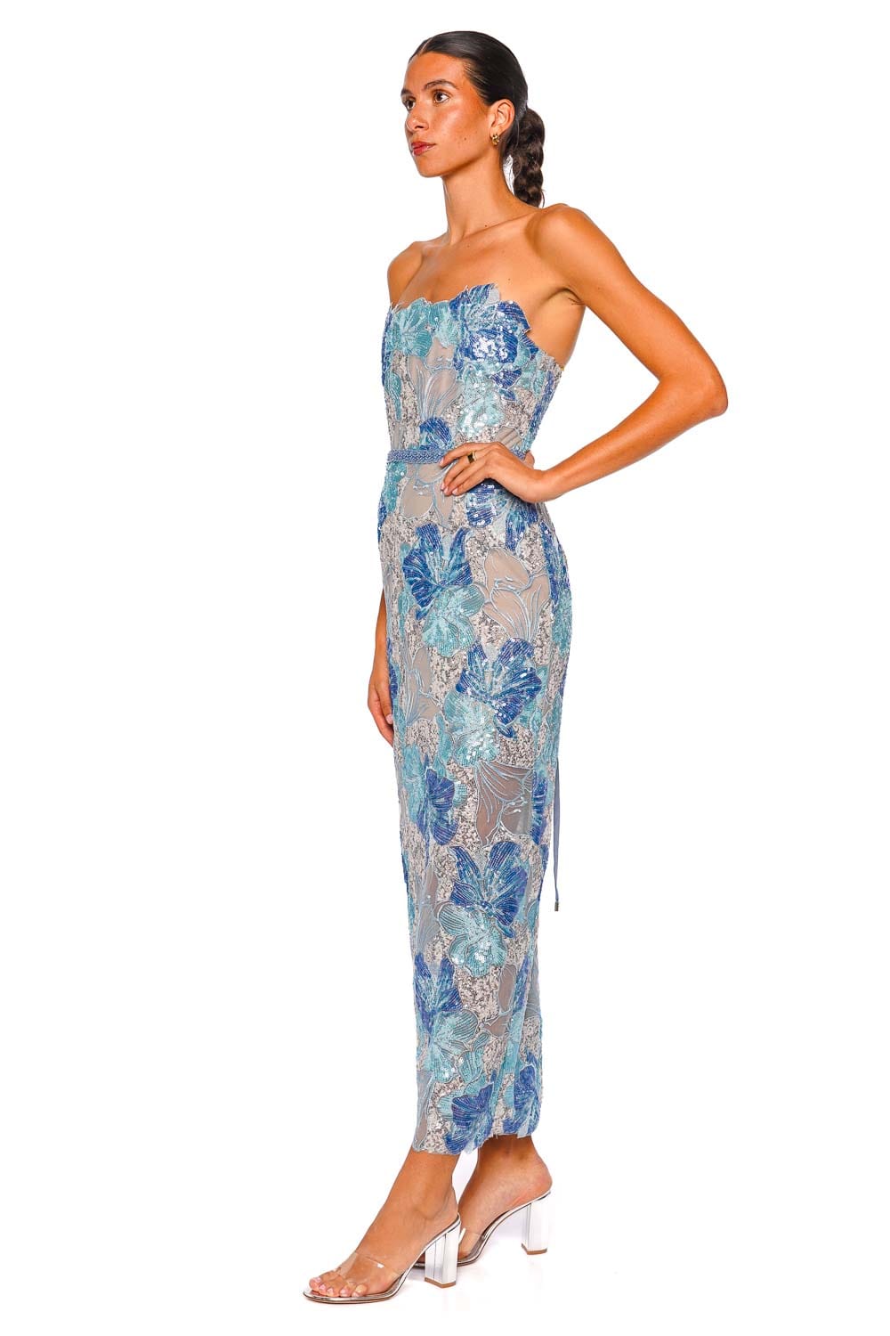 Bronx and Banco Jasmine Maraya Powder Blue Multi Strapless Midi Dress