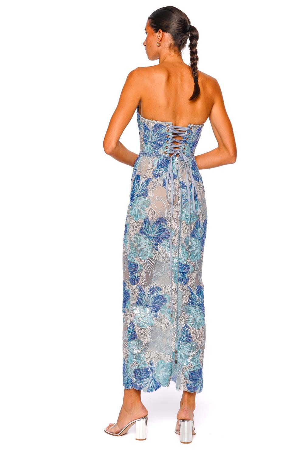Bronx and Banco Jasmine Maraya Powder Blue Multi Strapless Midi Dress