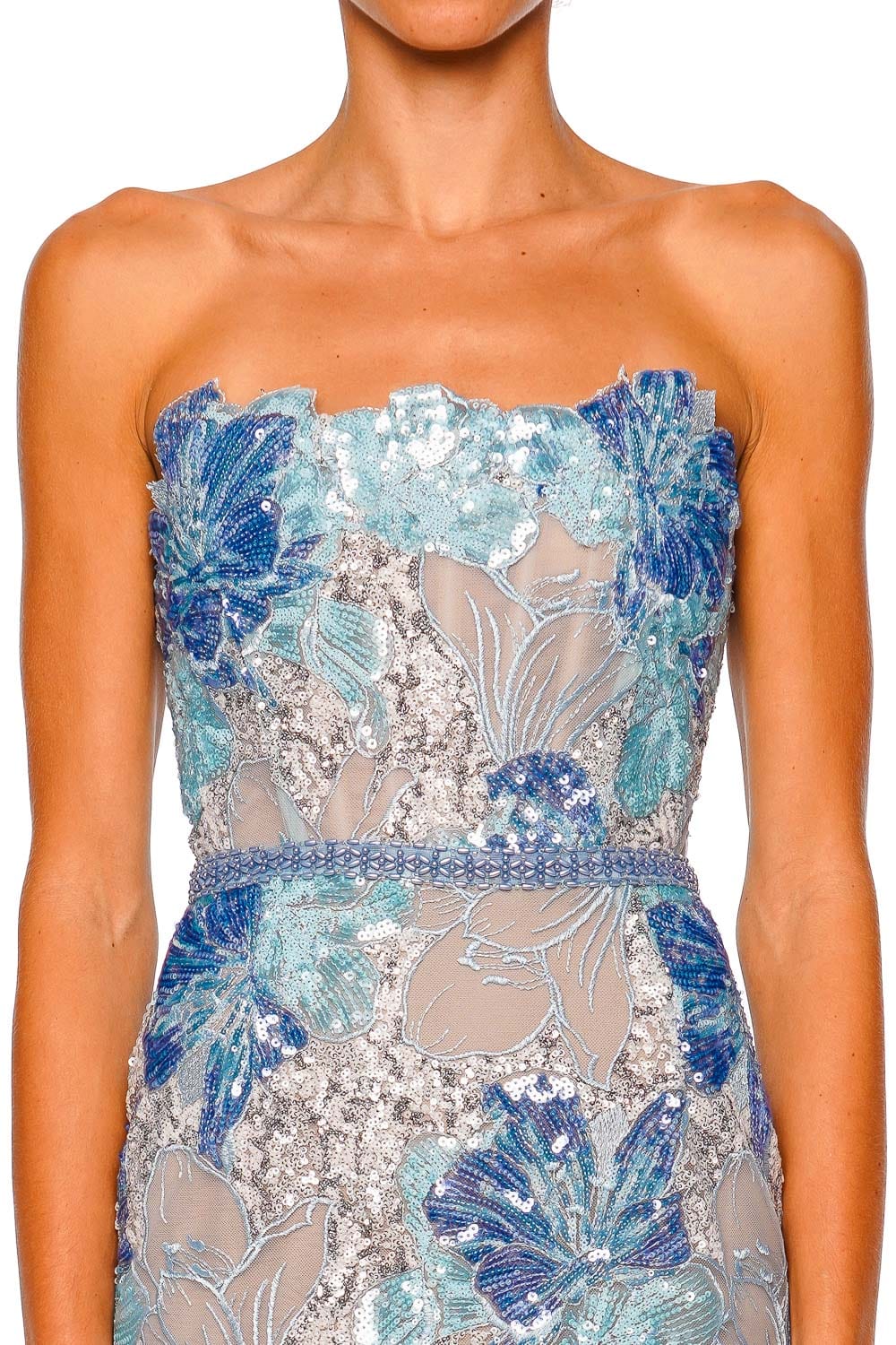 Bronx and Banco Jasmine Maraya Powder Blue Multi Strapless Midi Dress