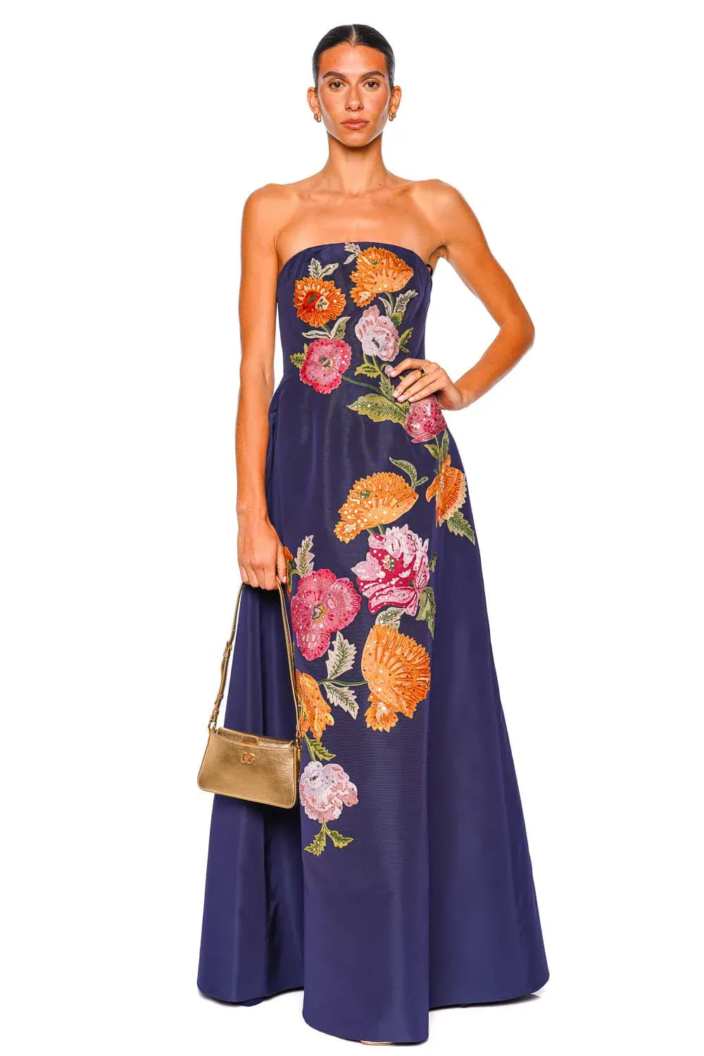 Midnight Floral Embroidered Strapless       Gown