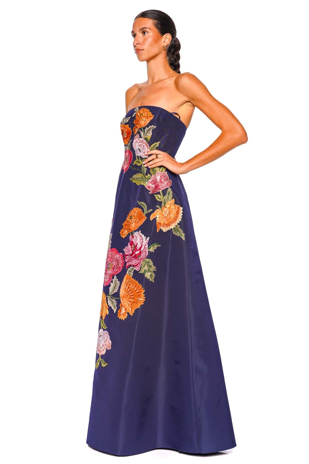 Carolina Herrera Midnight Floral Embroidered Strapless Gown