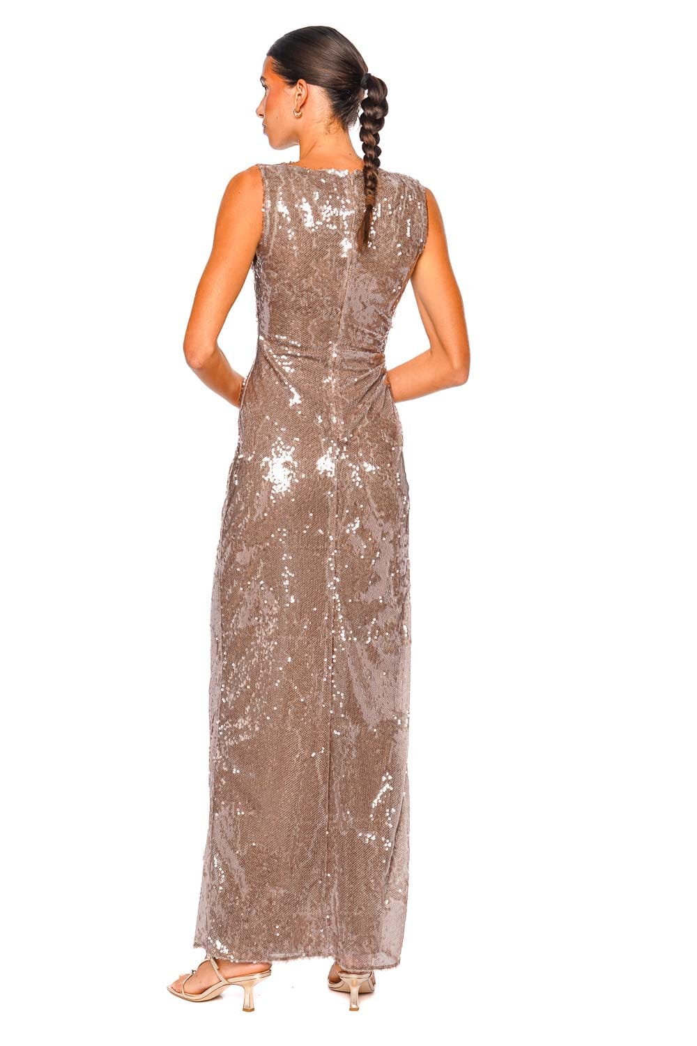 LAPOINTE Sheer Sequin Ruched Sleeveless Gown Oat