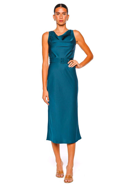 satin midi dresses Lapointe Dark Teal Sleeveless Belted Dress Chiffon brown Size:L (M12-13) The sleek satin fabrication Lydia Cream Boho Dress.