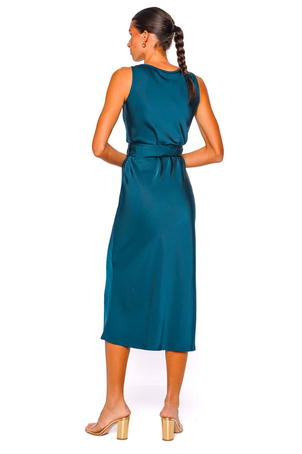 LAPOINTE Dark Teal Sleeveless Satin Belted Midi Dress