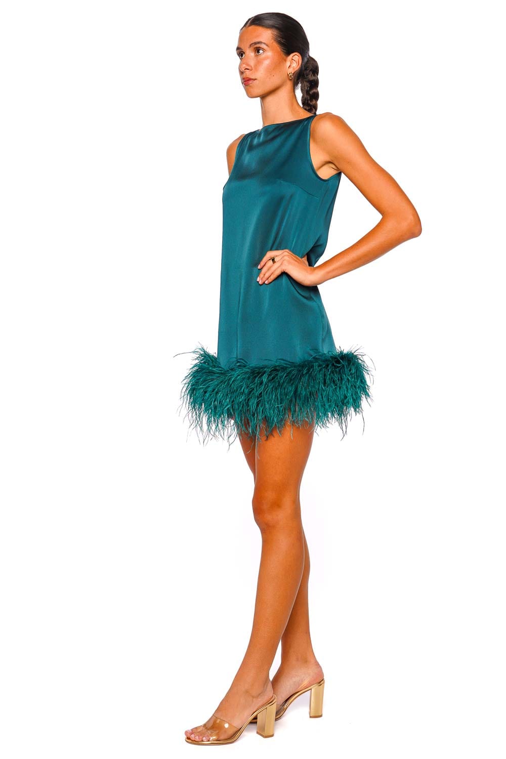 LAPOINTE Dark Teal Feather Hem Satin Sleeveless Mini Dress