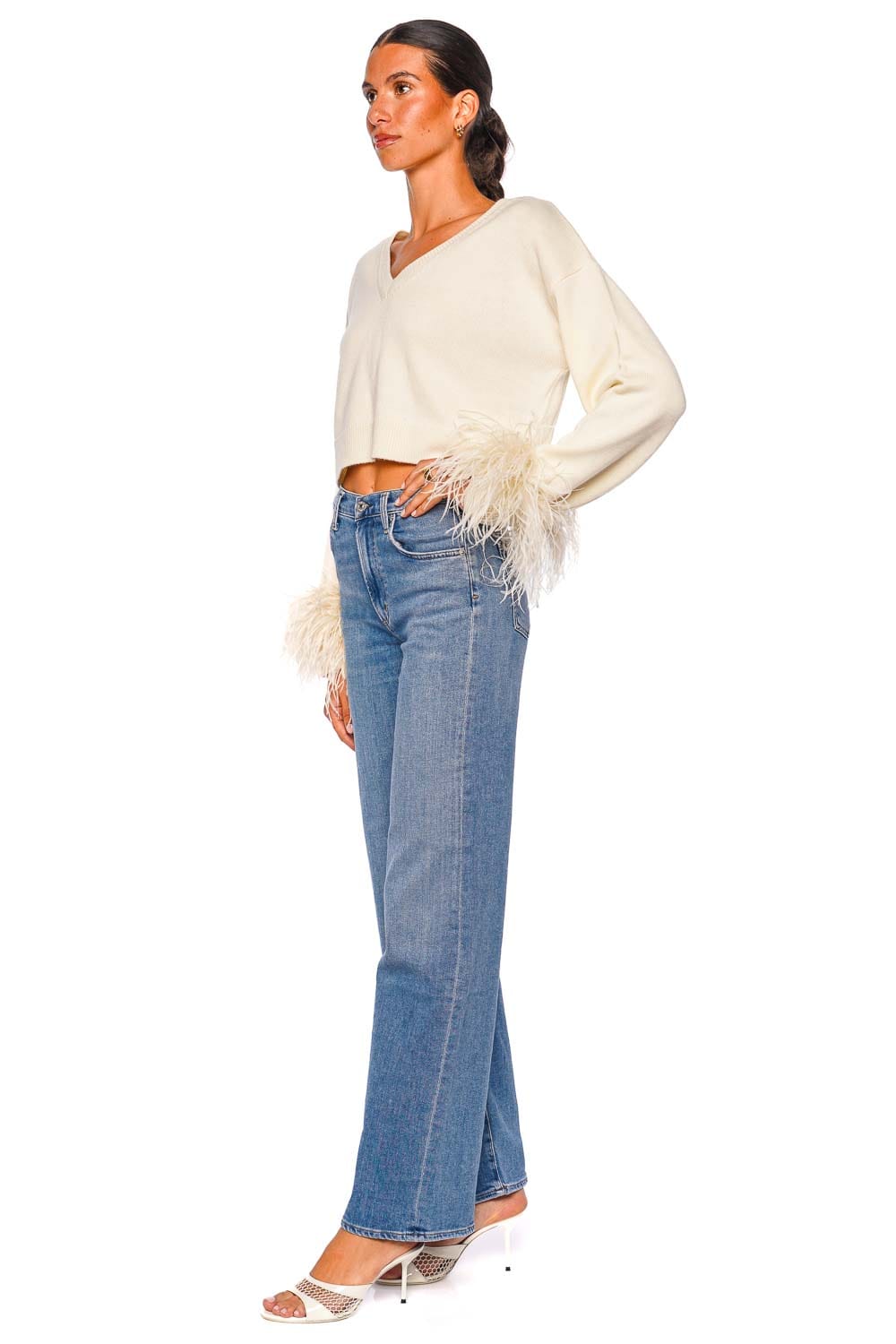 LAPOINTE Merino Cream Feather Trim Cropped Sweater