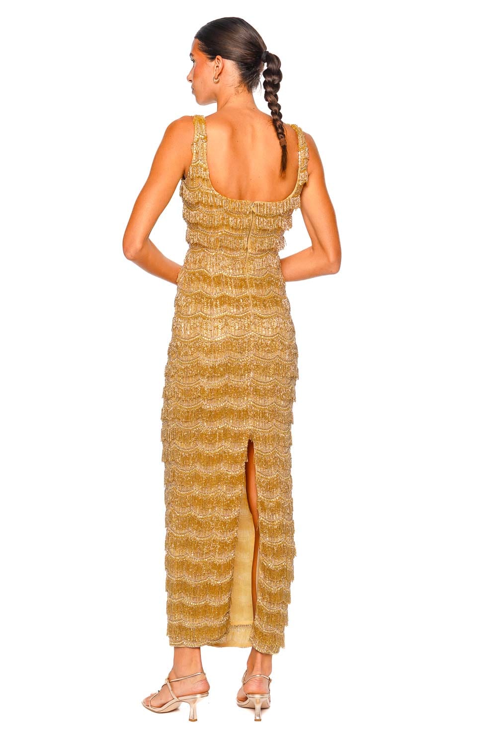 Rachel Gilbert Sadie Gold Beaded Full-Length Gown