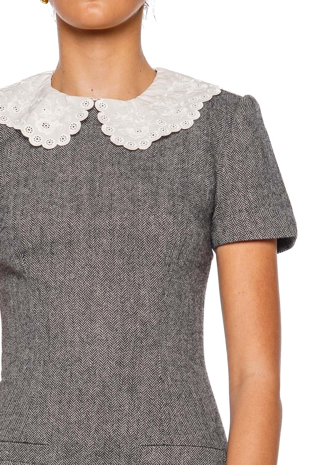 self-portrait Grey Herringbone Collared Mini Dress with Short Sleeves