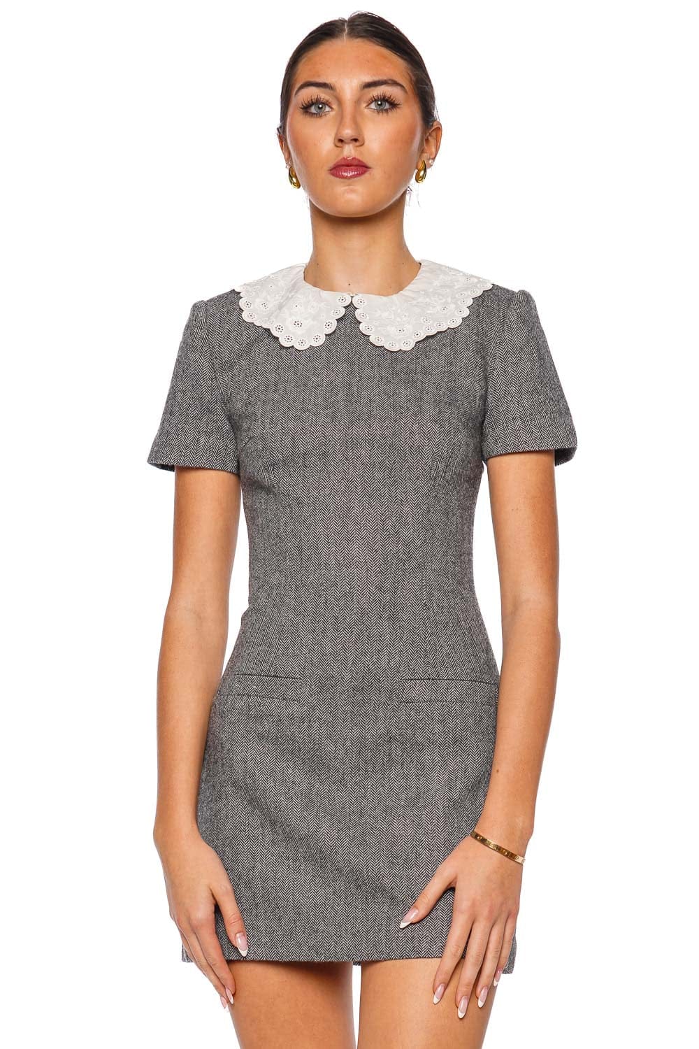 self-portrait Grey Herringbone Collared Mini Dress with Short Sleeves