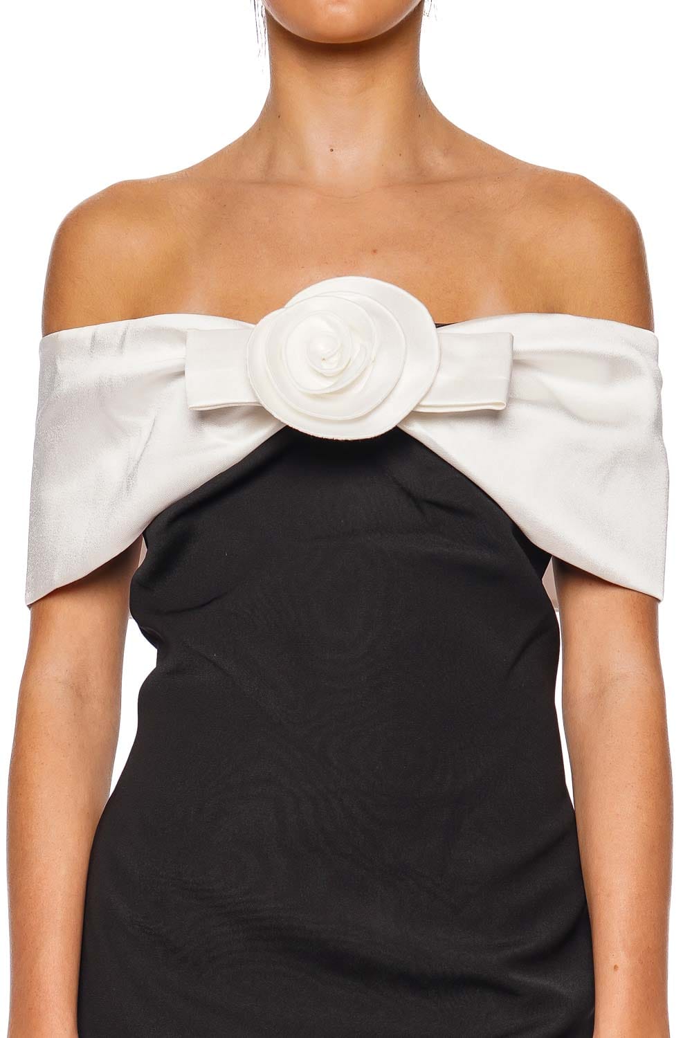 self-portrait Black Crepe Flower Off Shoulder Mini Dress