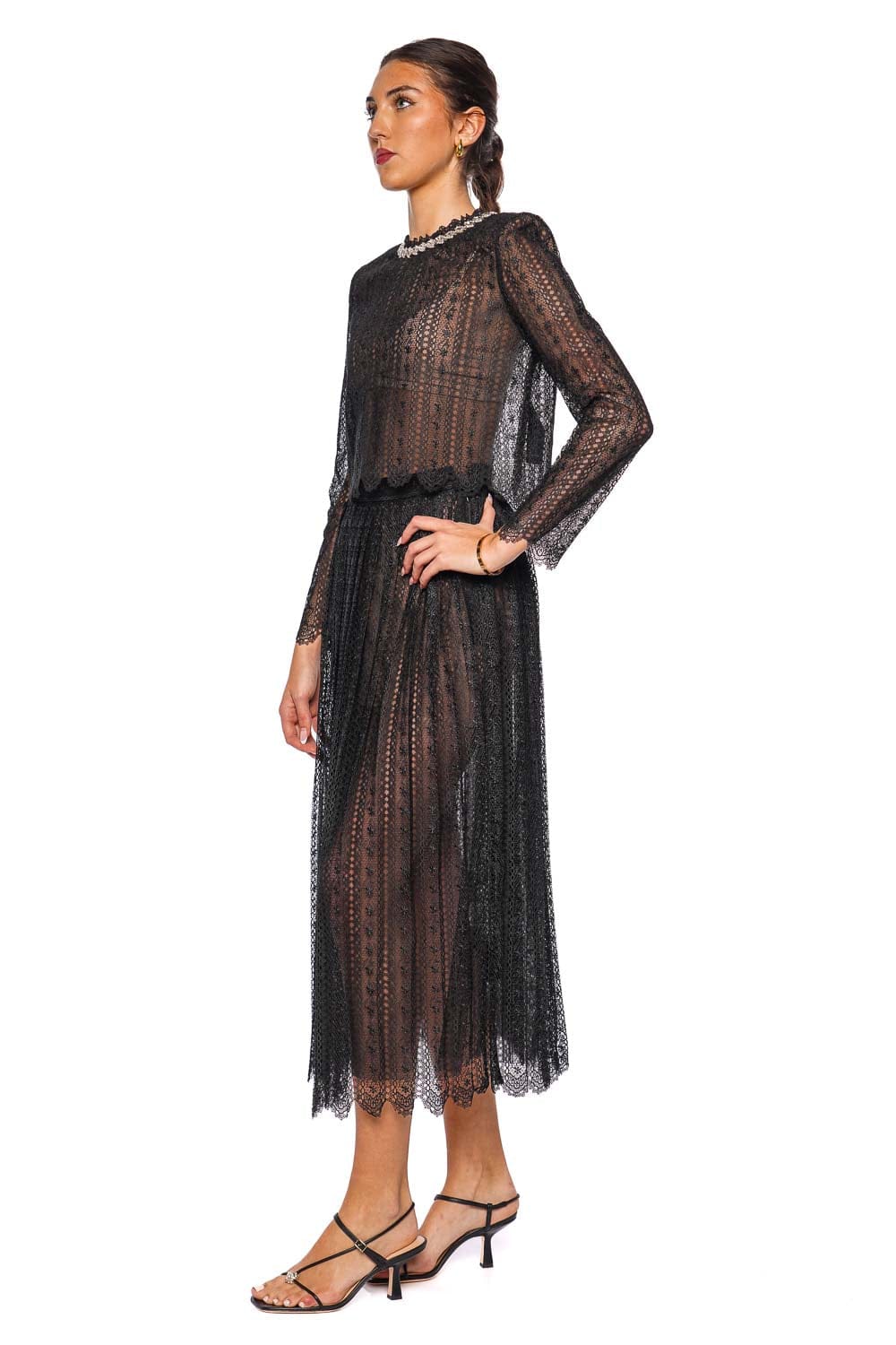 Black Crystal Embellished Organza Lace Top