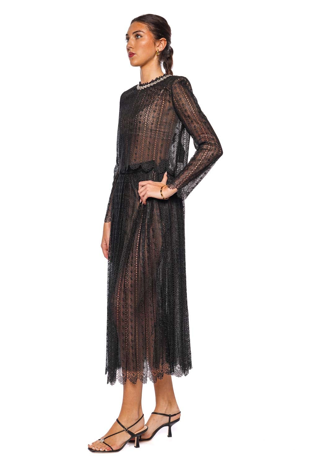 Black Lace Sheer Organza Midi Skirt