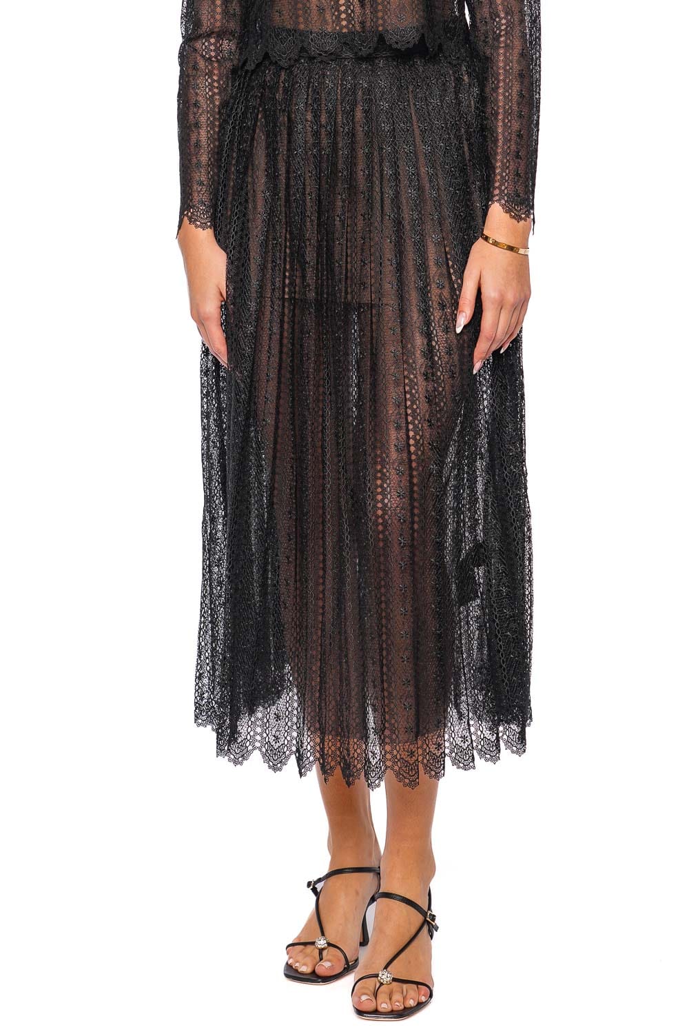 self-portrait Black Lace Sheer Organza Midi Skirt