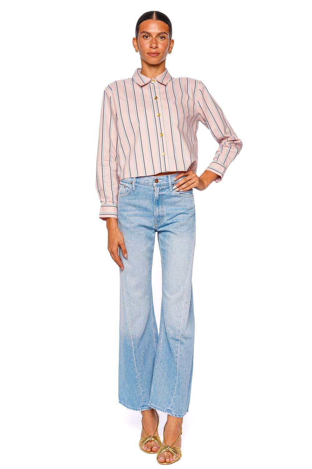 L'AGENCE Cosette Crop Hi Low Long Sleeve Shirt Pale Rose Stripe