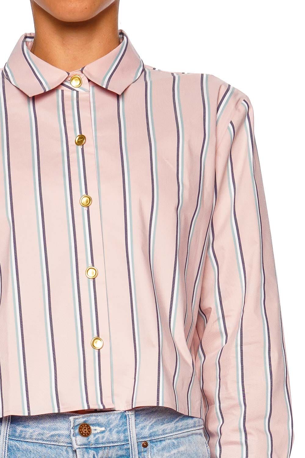 L'AGENCE Cosette Crop Hi Low Long Sleeve Shirt Pale Rose Stripe