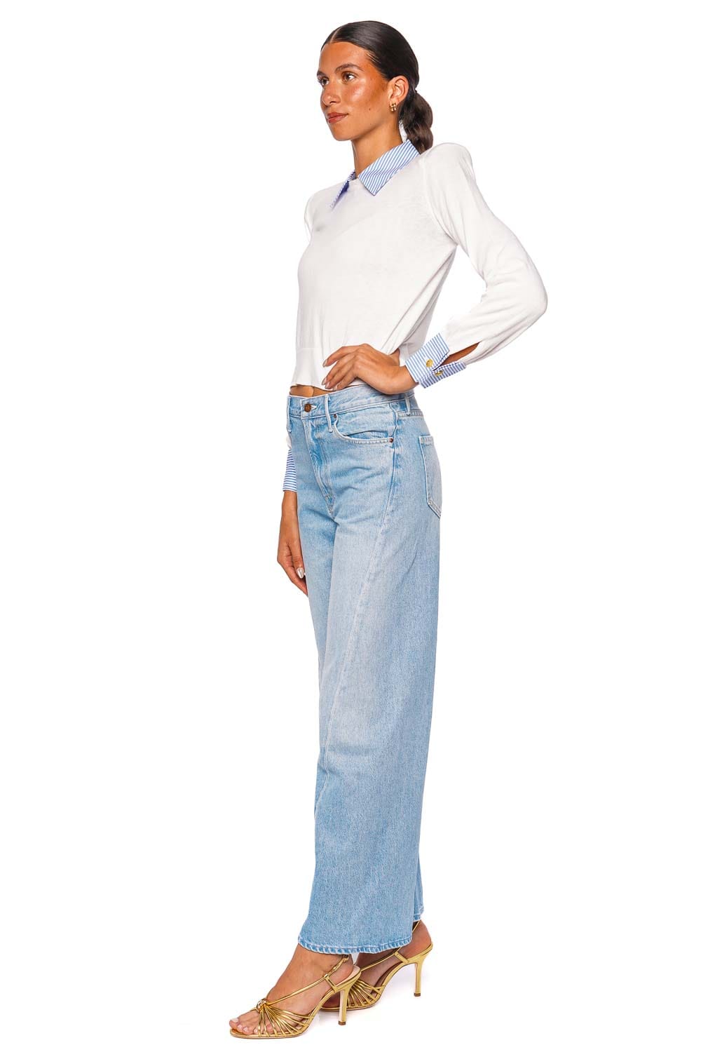 L'AGENCE April Poplin Collar White and Blue Stripe Long Sleeve Top