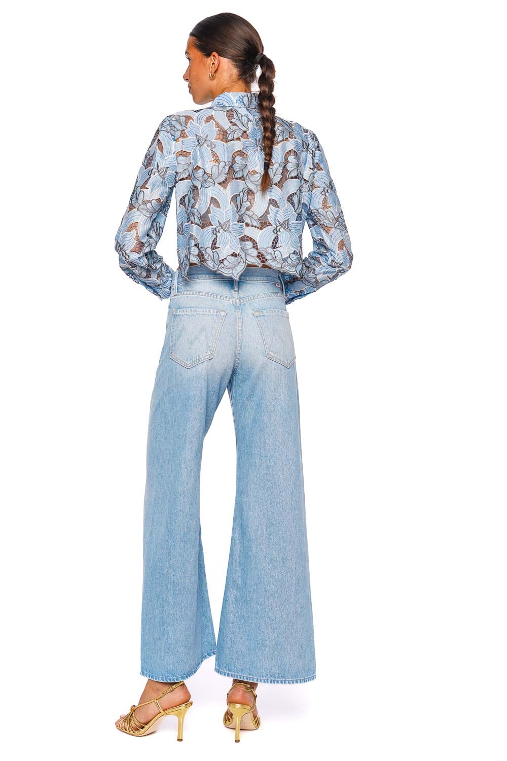 L'AGENCE Akemi Blue Multi Eyelet Cropped Button-Down Long Sleeve Top