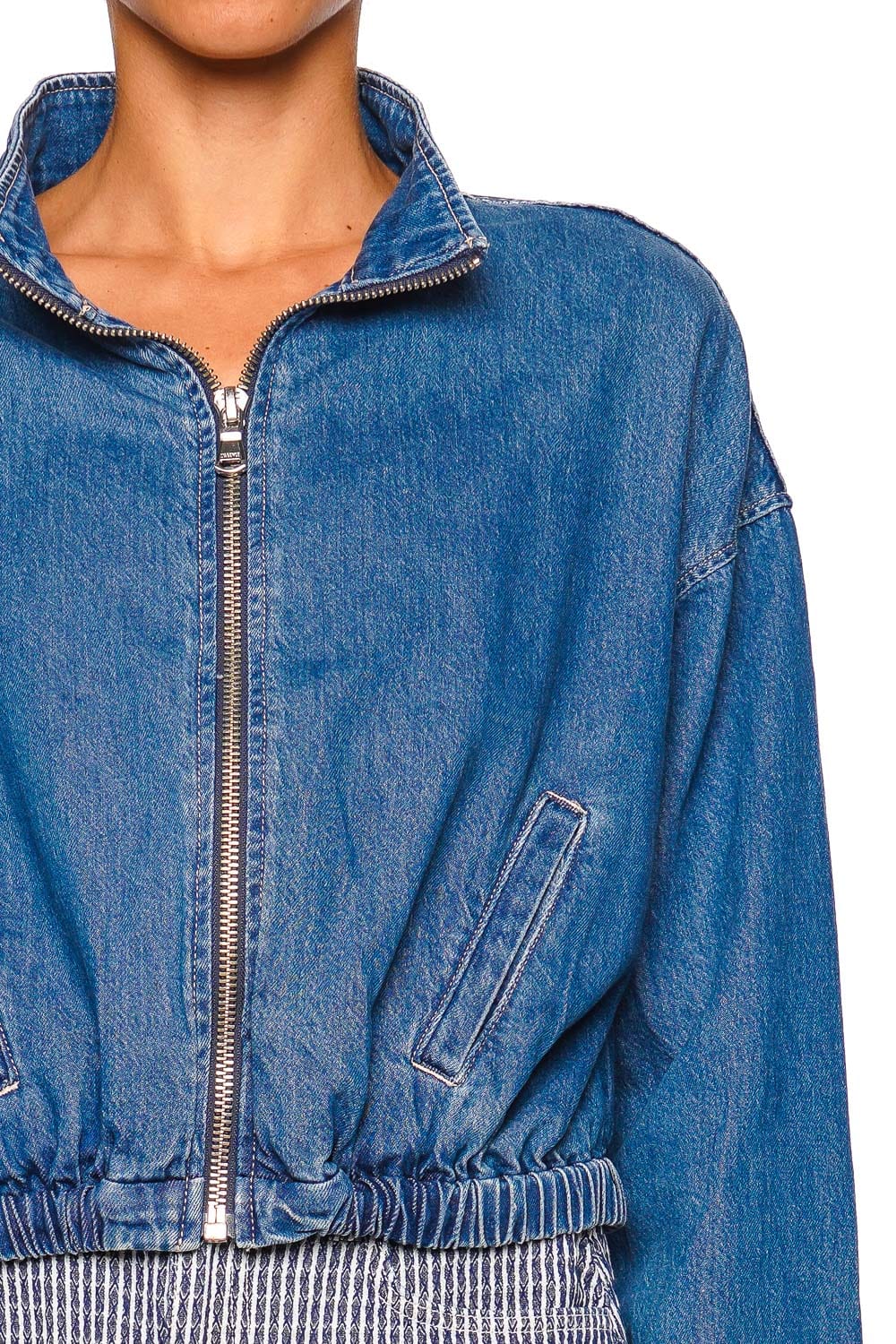 L'AGENCE Dunia Zip Front Denim Bomber Jacket Long Sleeve Blue