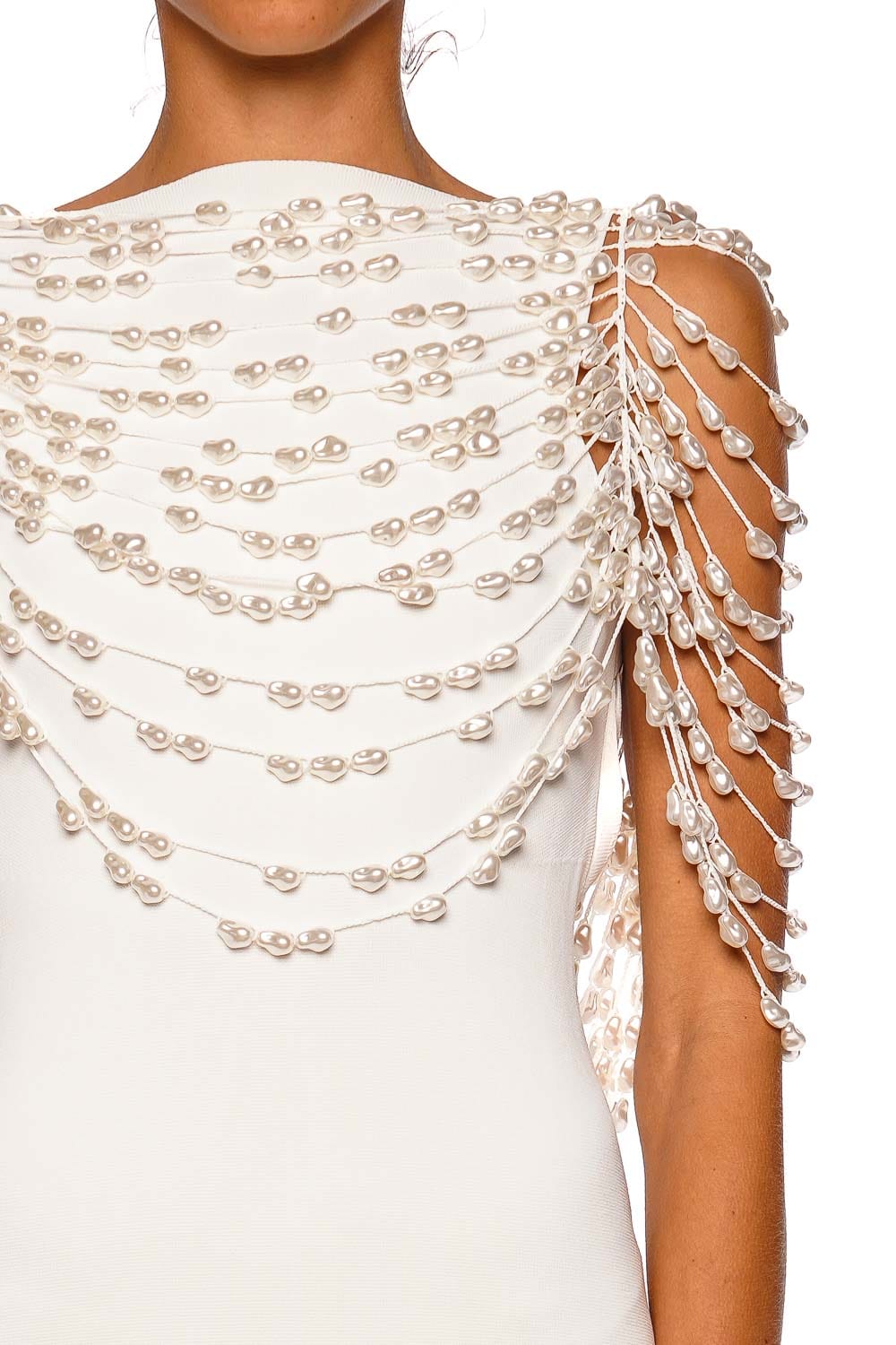 Cult Gaia Meri Off White Beaded Midi Dress with Elbow-Length Sleeves