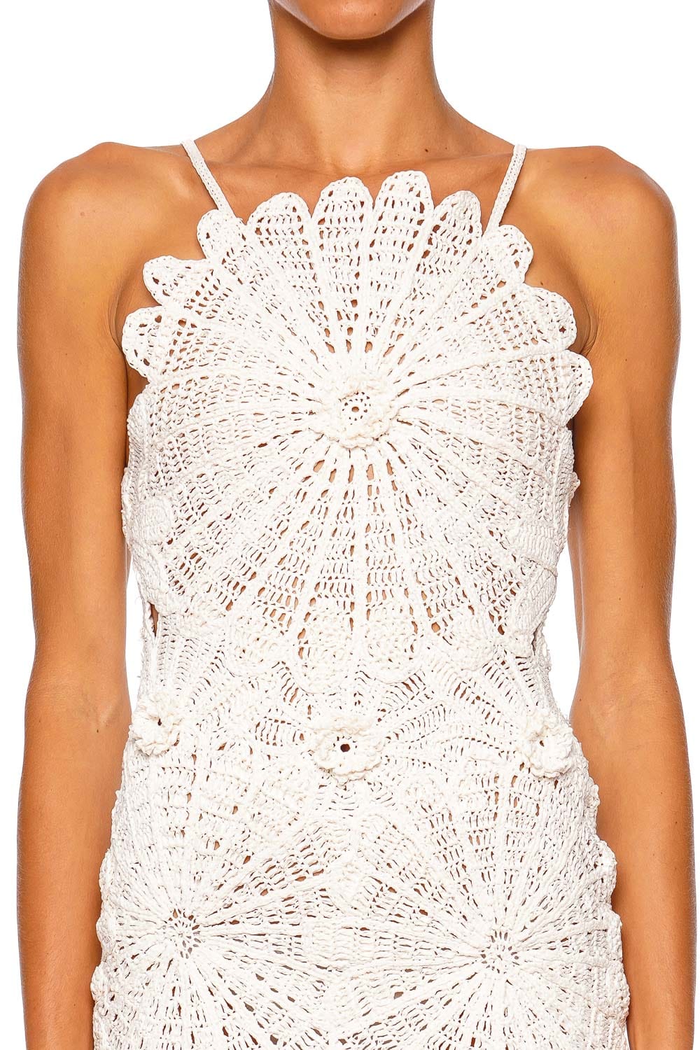 Cult Gaia Elif Off White Crochet Midi Dress with Adjustable Straps