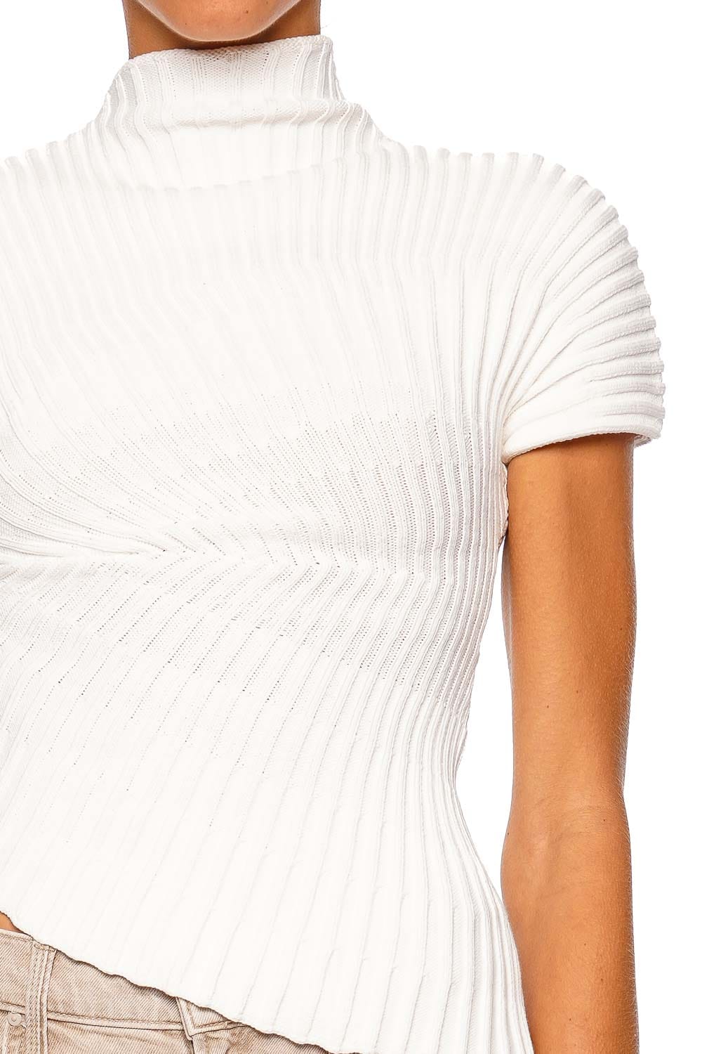 Cult Gaia Annemie Off White Ribbed Mock Neck Short Sleeve Top