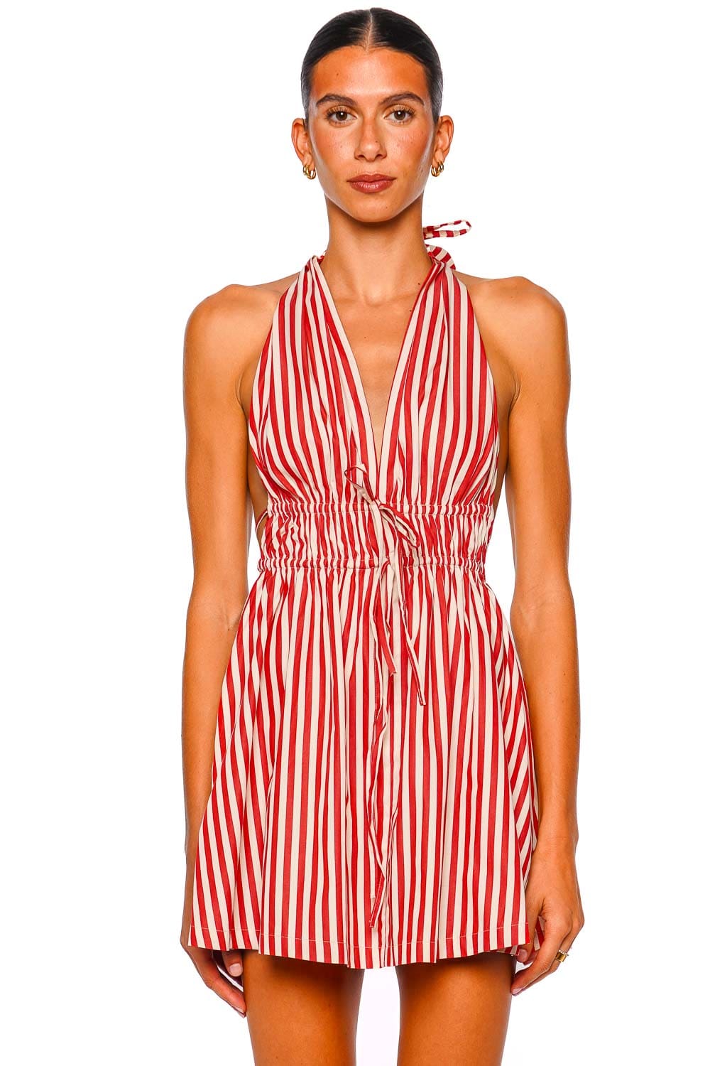 Faithfull The Brand Ermita Dusty Tomato Stripe Halter Mini Dress