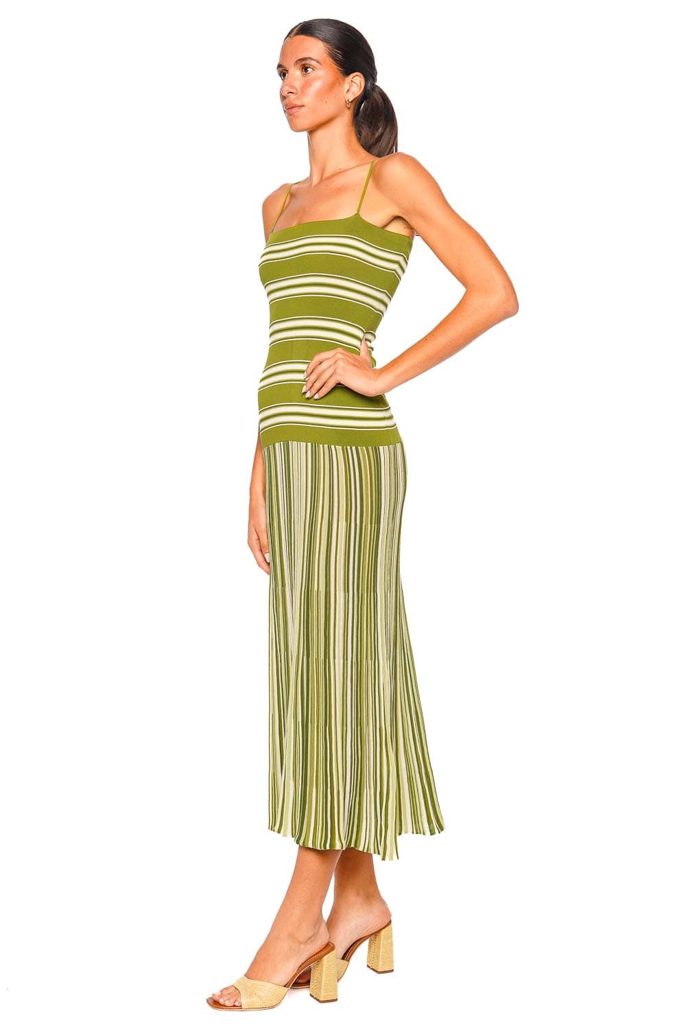 Faithfull The Brand Esenia Olive Ombre Striped Knit Strappy Midi Dress