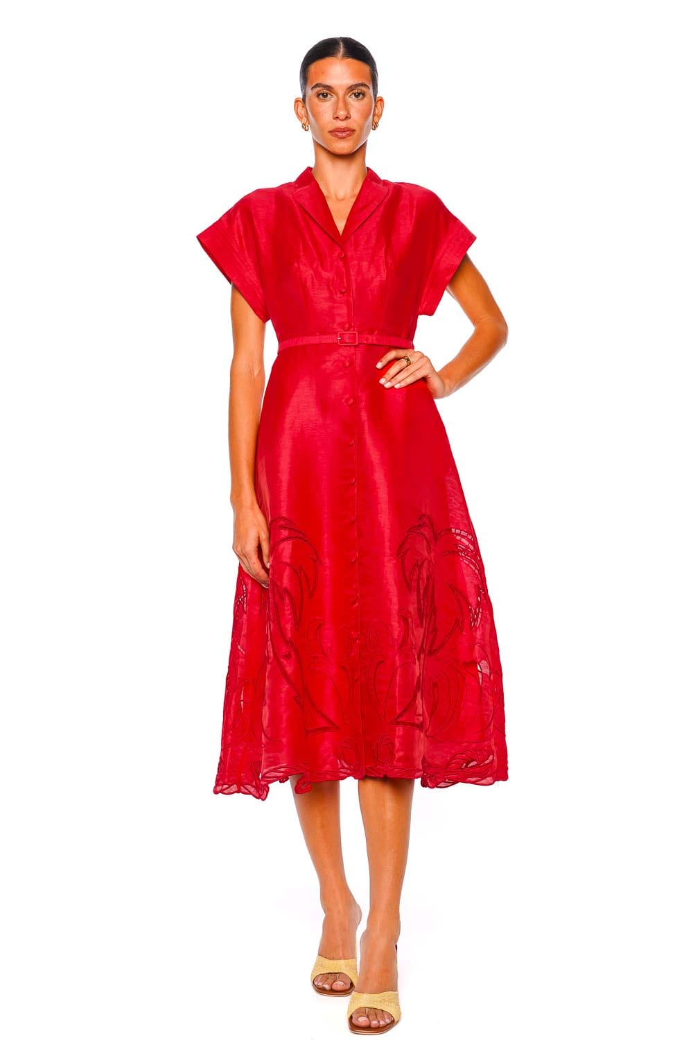 LEO LIN Aubrey Scarlet Applique Short Sleeve Midi Dress