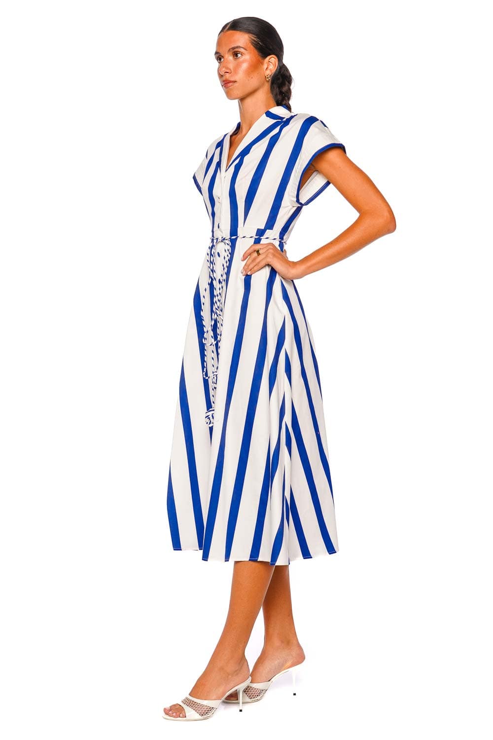 LEO LIN Aubrey Navy Striped Short Sleeve Midi Dress
