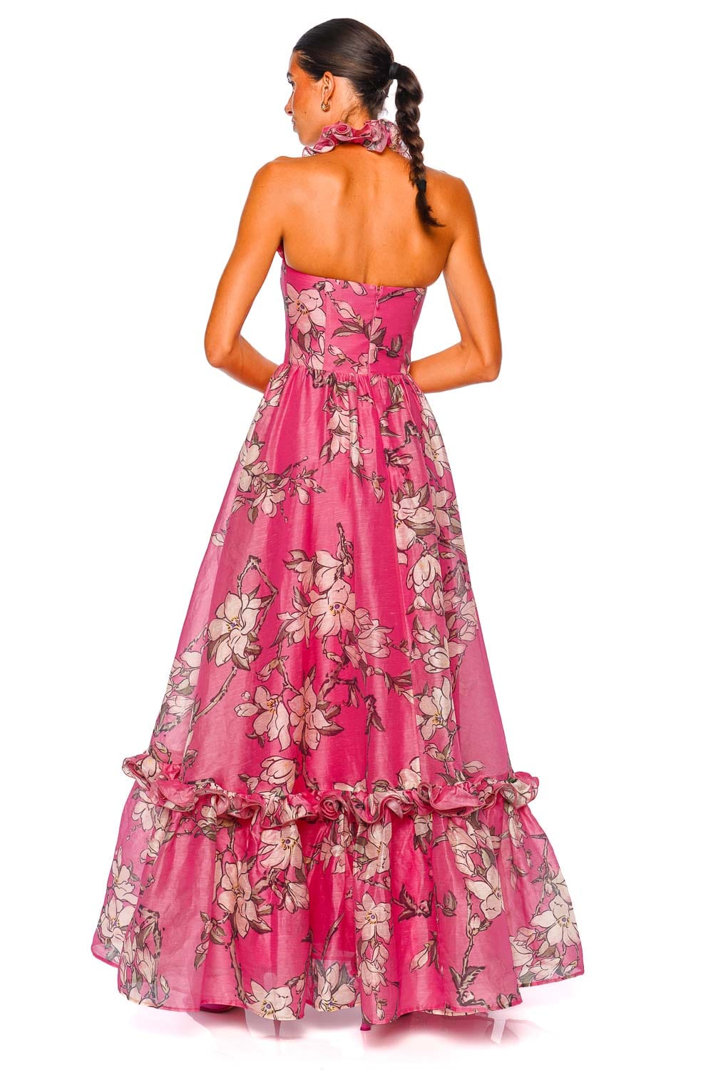 LEO LIN Isabelle Pink Magnolia Print Ruffled Halterneck Maxi Dress