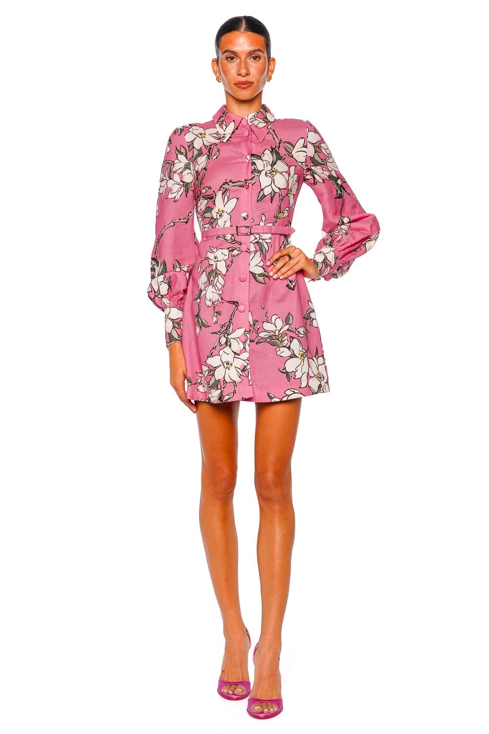 LEO LIN Pink Magnolia Print Linen Mini Dress with Long Bishop Sleeves