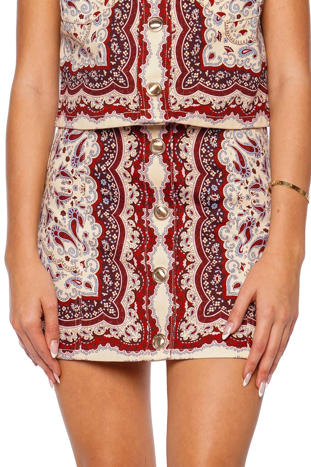 Cara Cara Paisley Button-Down Miniskirt Ivory Red