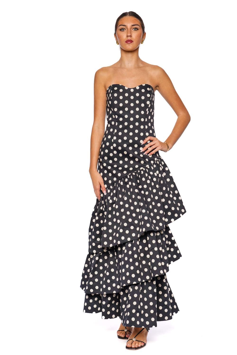 Cara Cara Joelle Dot Black Strapless Tiered Maxi Dress